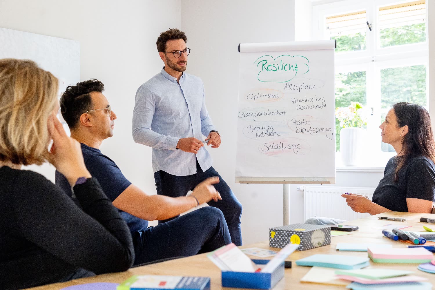 Benni steht in einem Workshop neben einem Flipchart zum Thema Resilienz